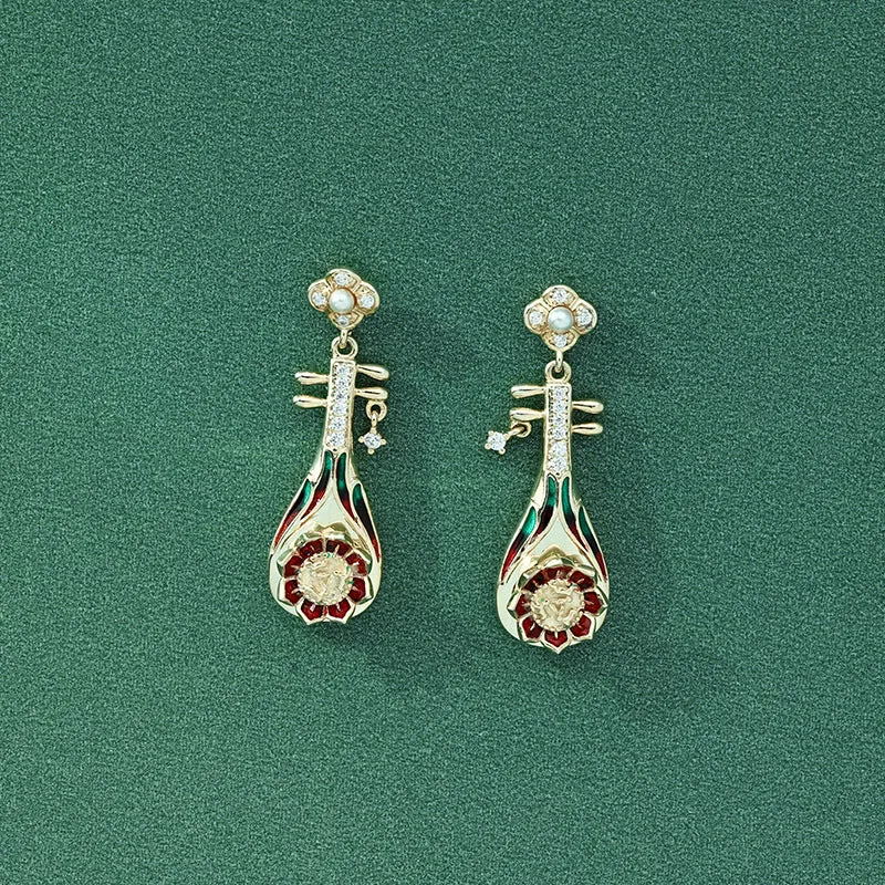 Pipa with Zircon and Pearl Enamel Silver Drop Earrings