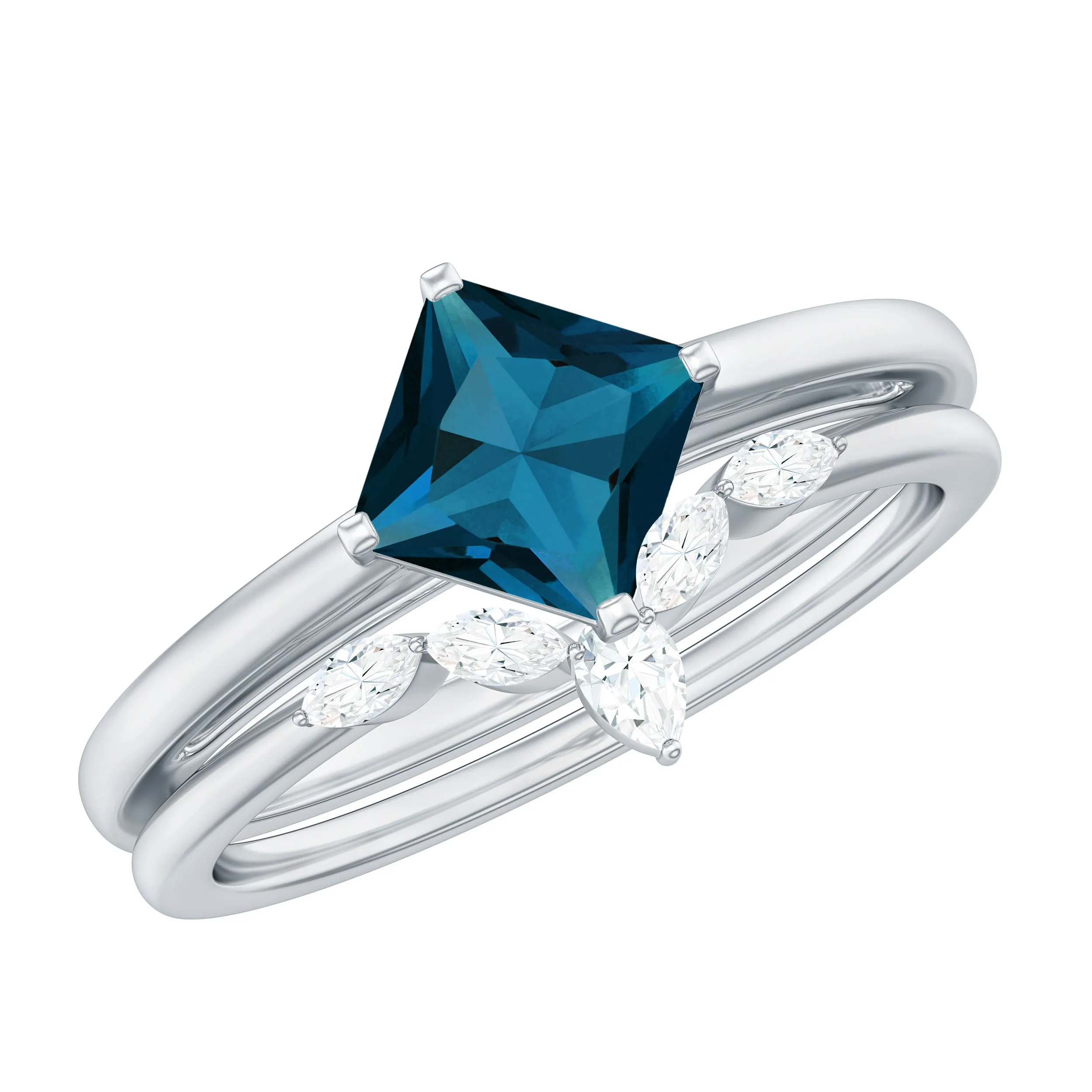 Princess Cut London Blue Topaz and Diamond Solitaire Ring Set