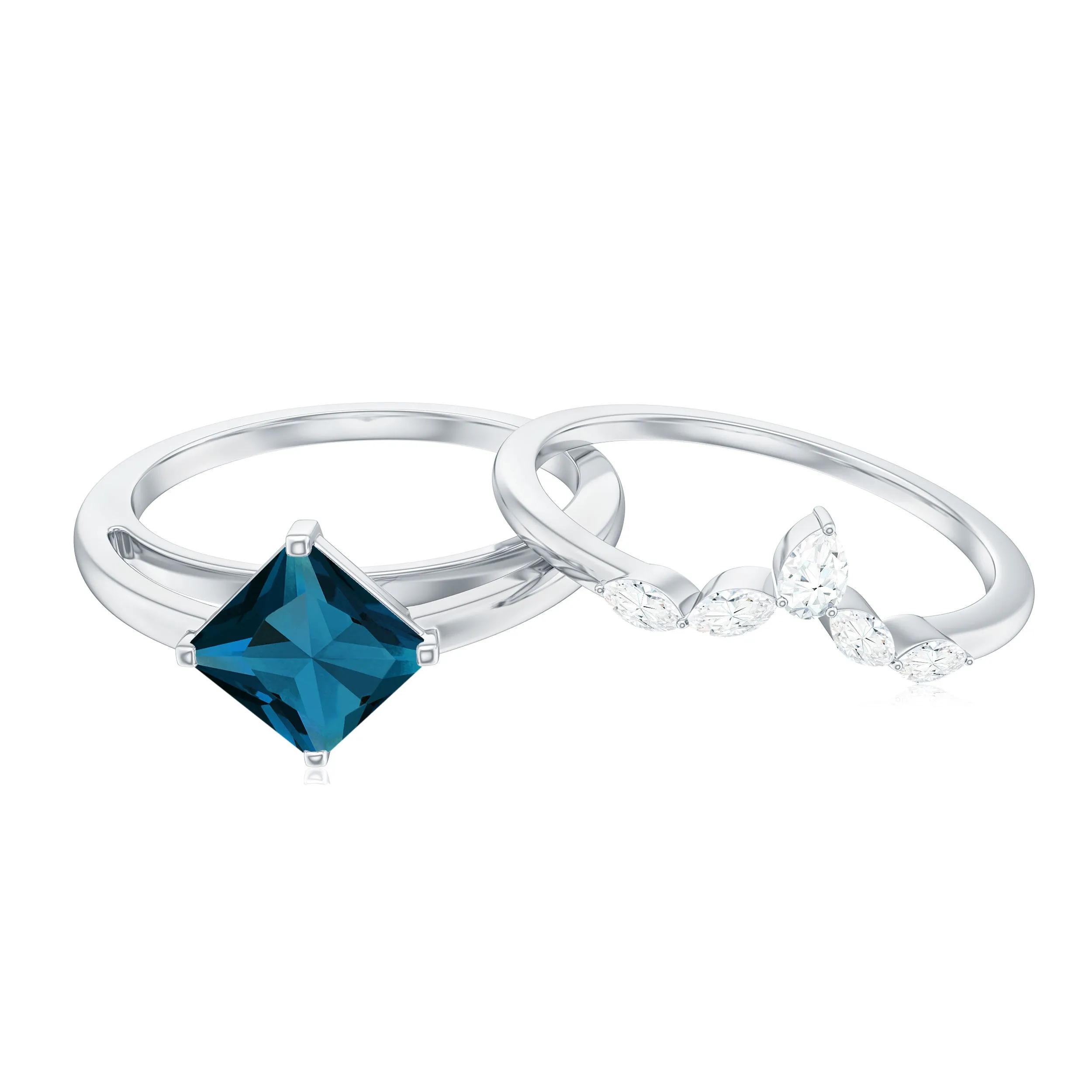 Princess Cut London Blue Topaz and Diamond Solitaire Ring Set