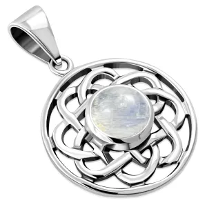 Rainbow Moon Stone Celtic Round Silver Pendant