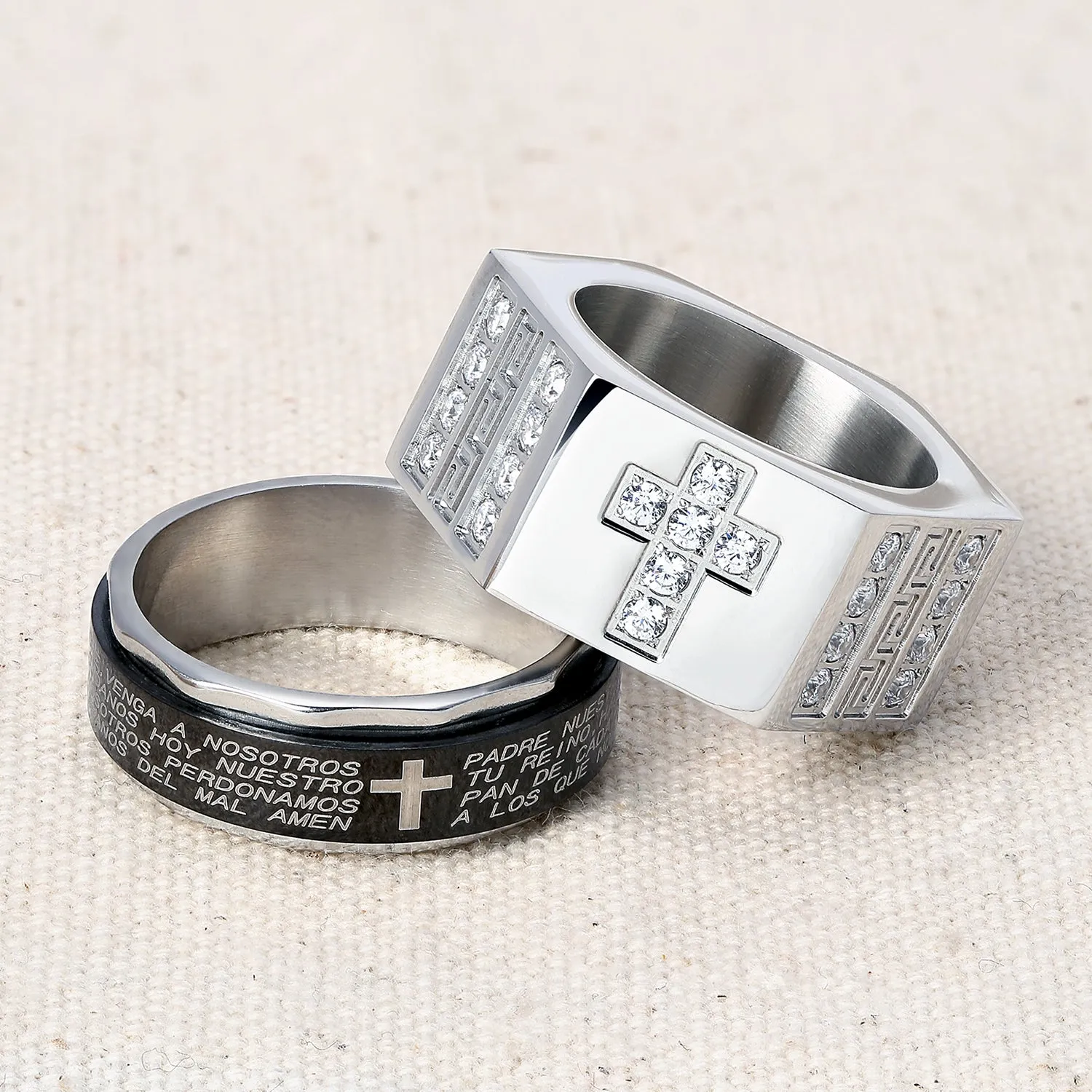 Religious Mens Stainless Steel Greek Key CZ Cross Ring Band Silver Tone