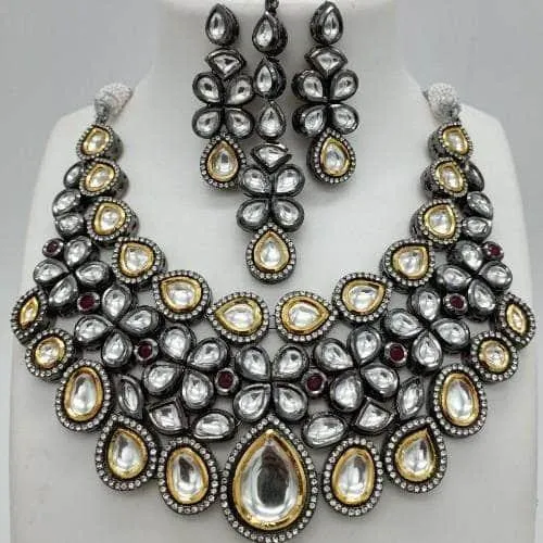 Rodium Gold Ad Kundan Necklace Teeka And Earring Set