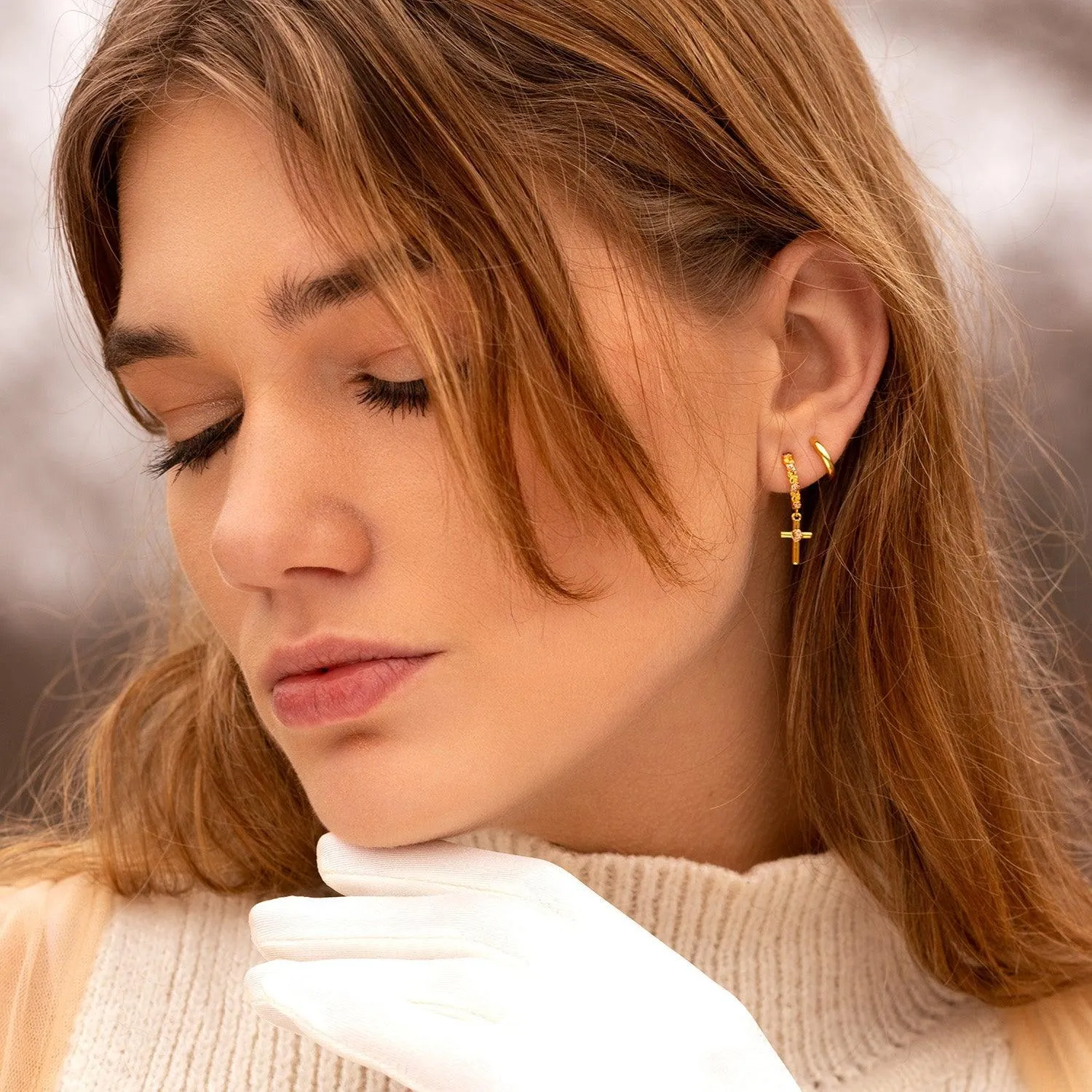 Rose-Kissed Cross Earrings