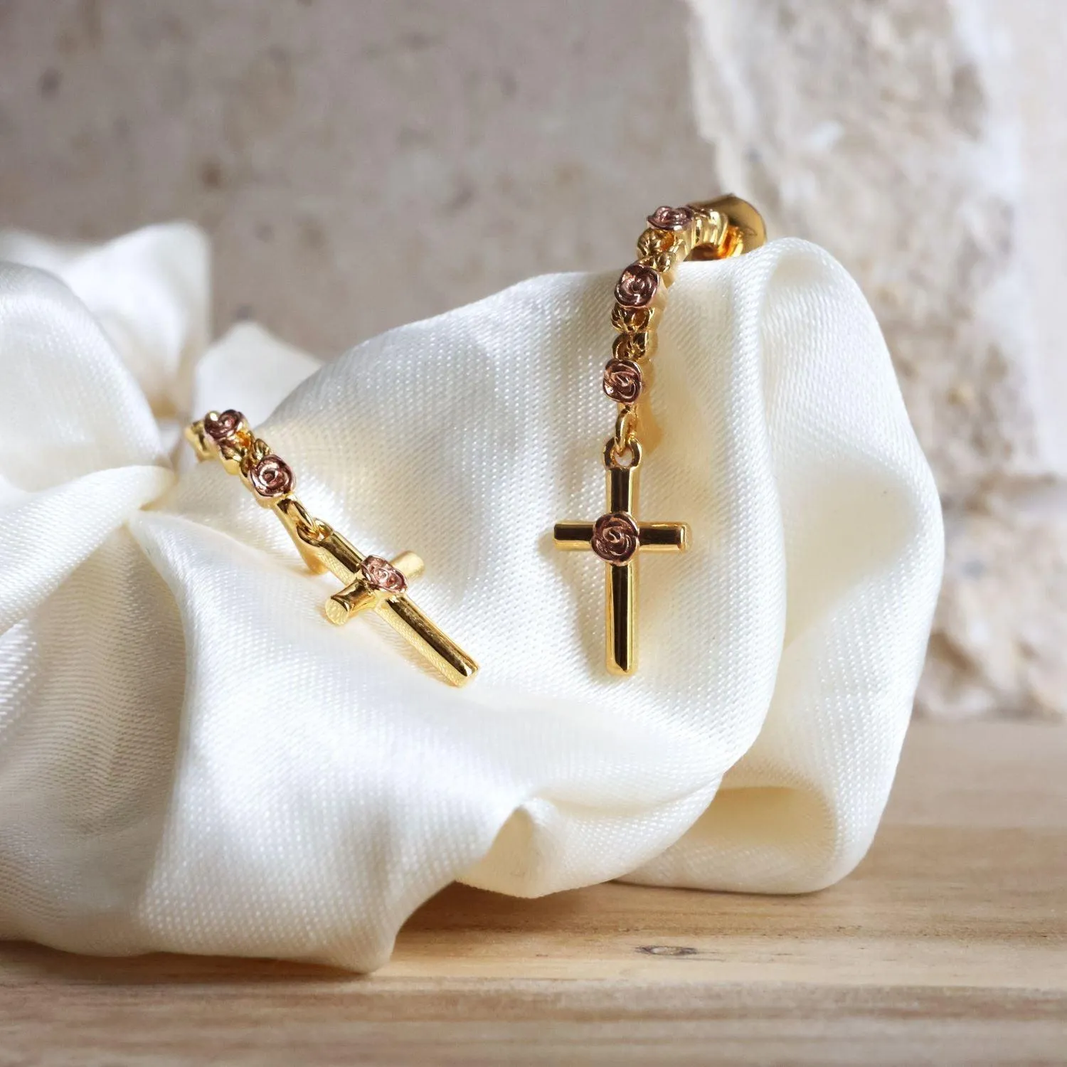 Rose-Kissed Cross Earrings