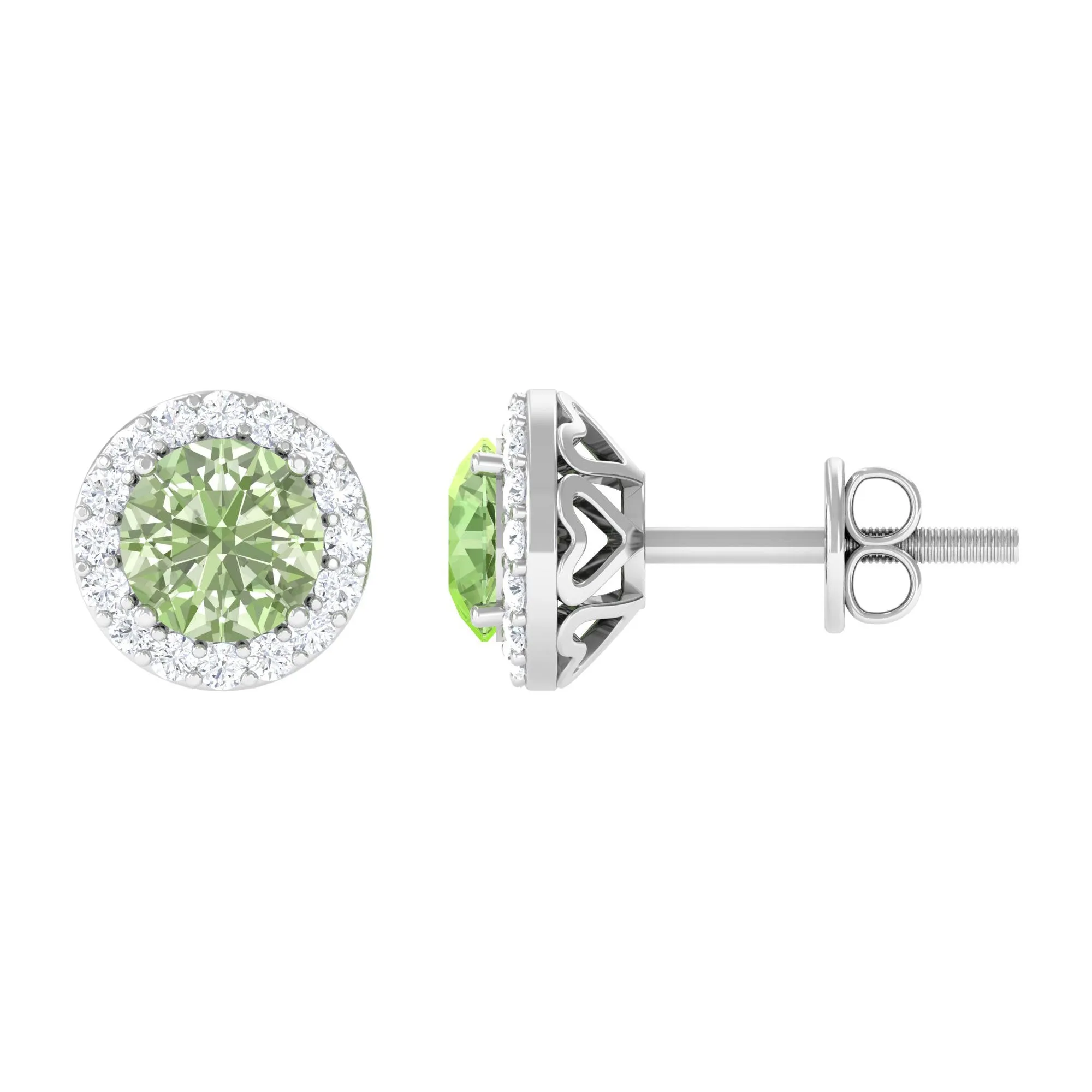 Round Green Sapphire and Diamond Classic Halo Stud Earrings