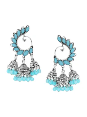 Rubans Silver-Toned & Turquoise Blue Peacock Wing Jhumka Earrings