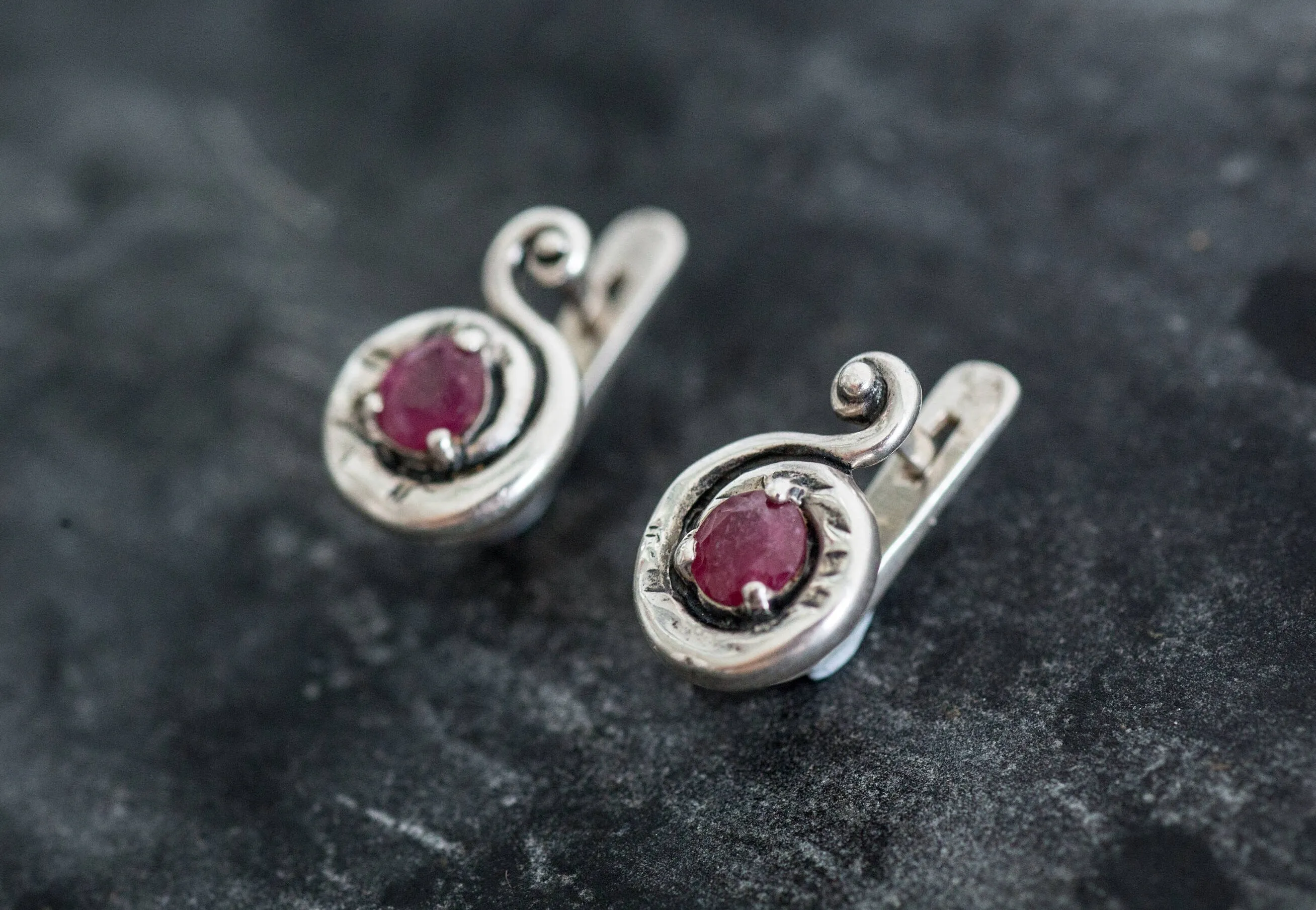 Ruby Spiral Earrings - Vintage Ruby Earrings - Red Swirl Earrings