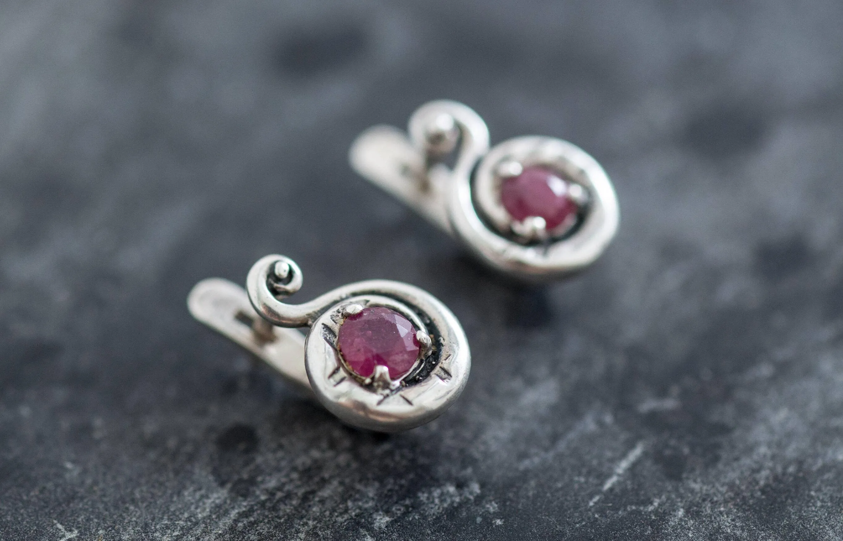 Ruby Spiral Earrings - Vintage Ruby Earrings - Red Swirl Earrings