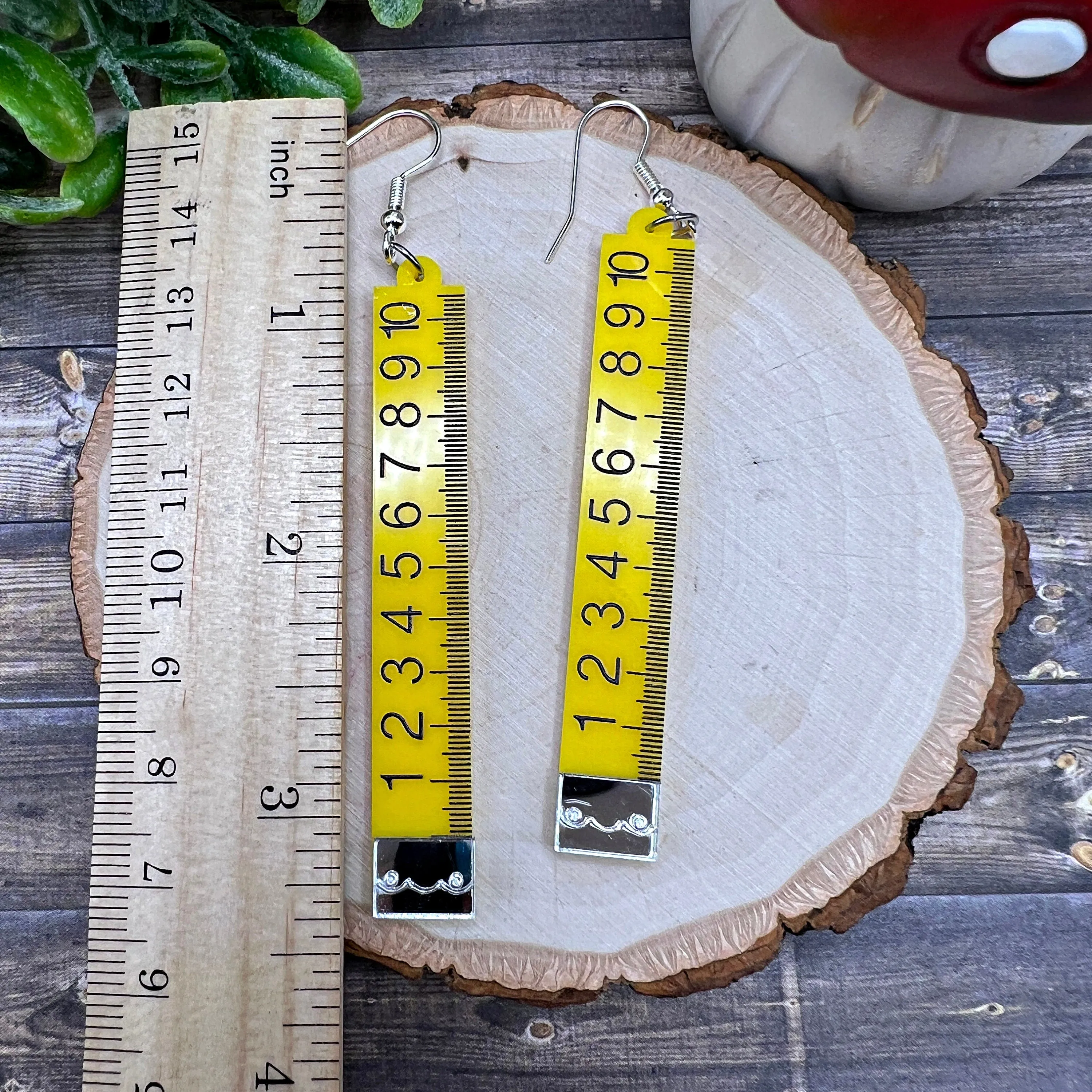 Ruler School Teacher Student Construction Tape Measure Acrylic Silver/Silver-tone  Earrings, Hypoallergenic Gift