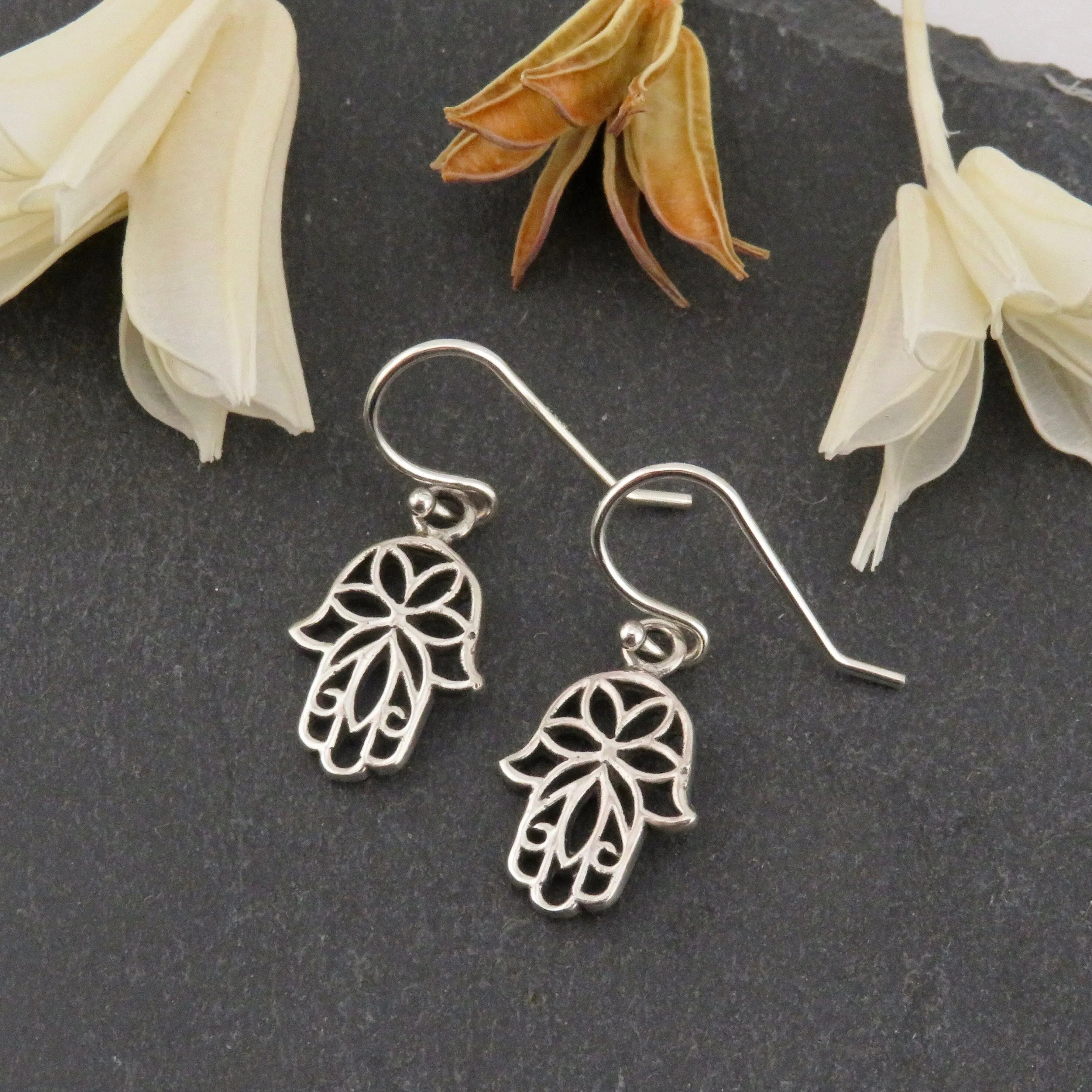 Silver Floral Hamsa Earrings