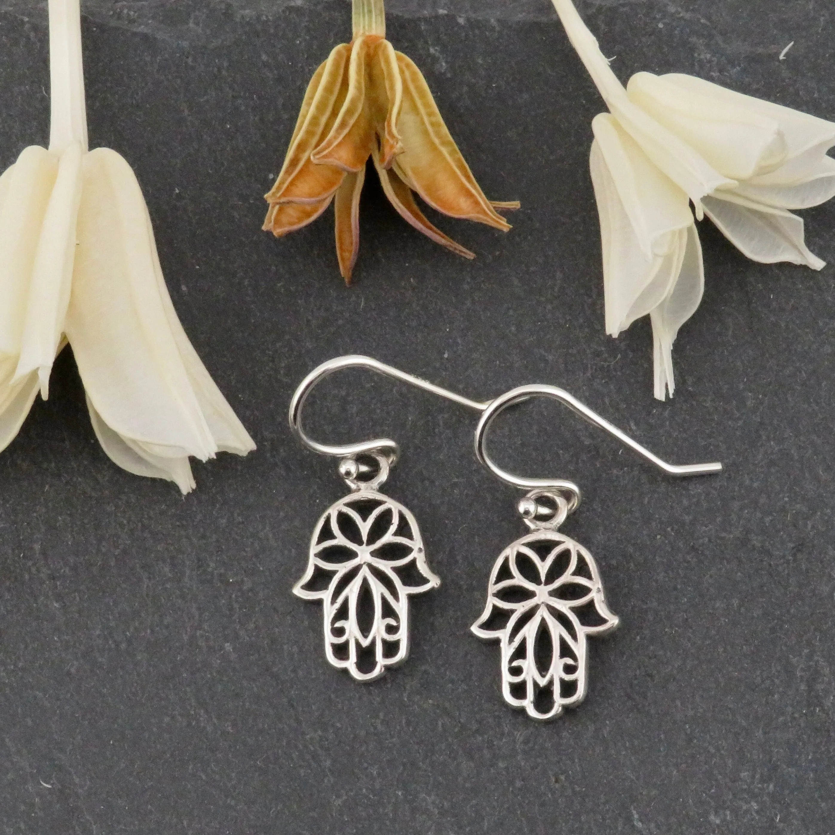 Silver Floral Hamsa Earrings