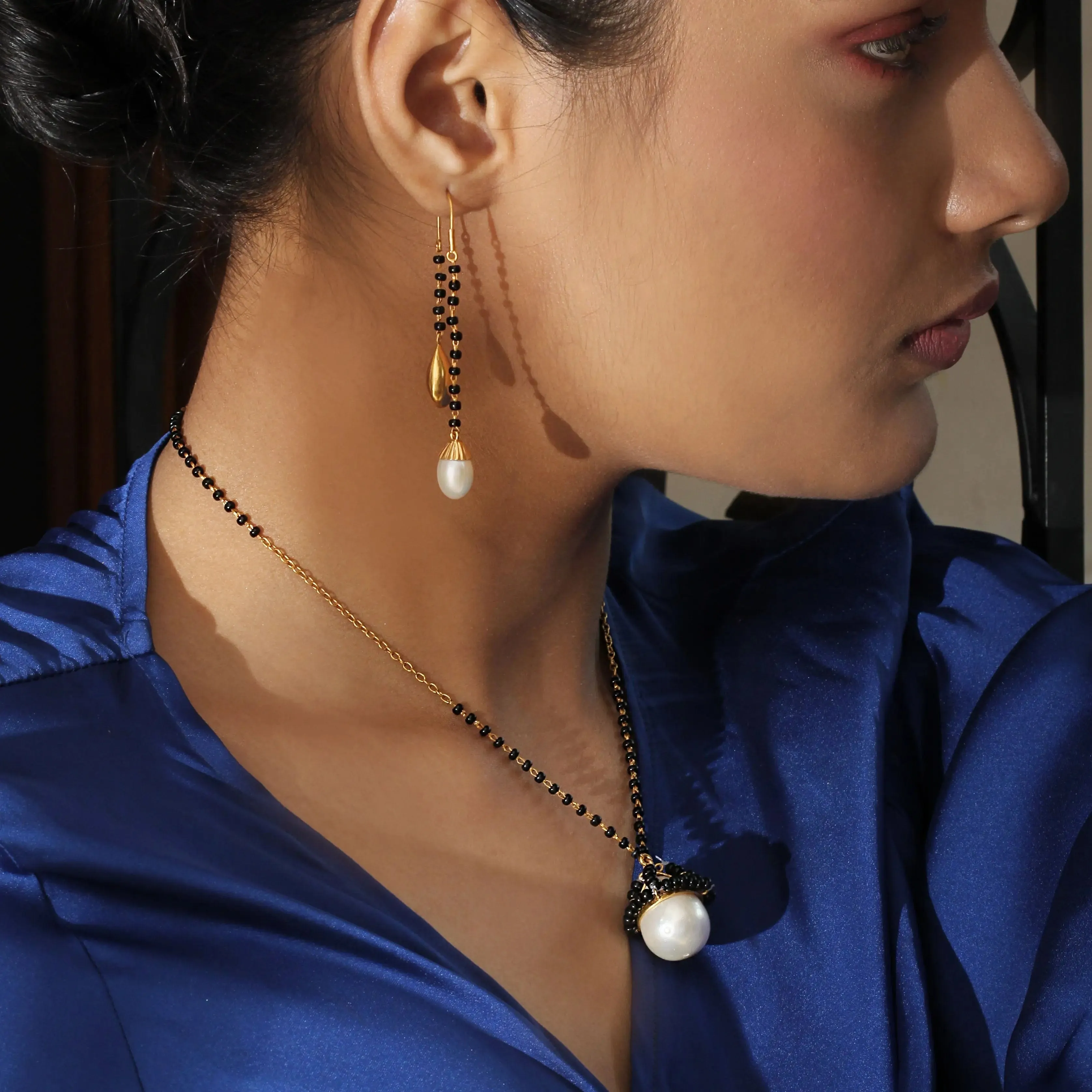 Silver Pearl And Gold Drop Mangalsutra Earrings