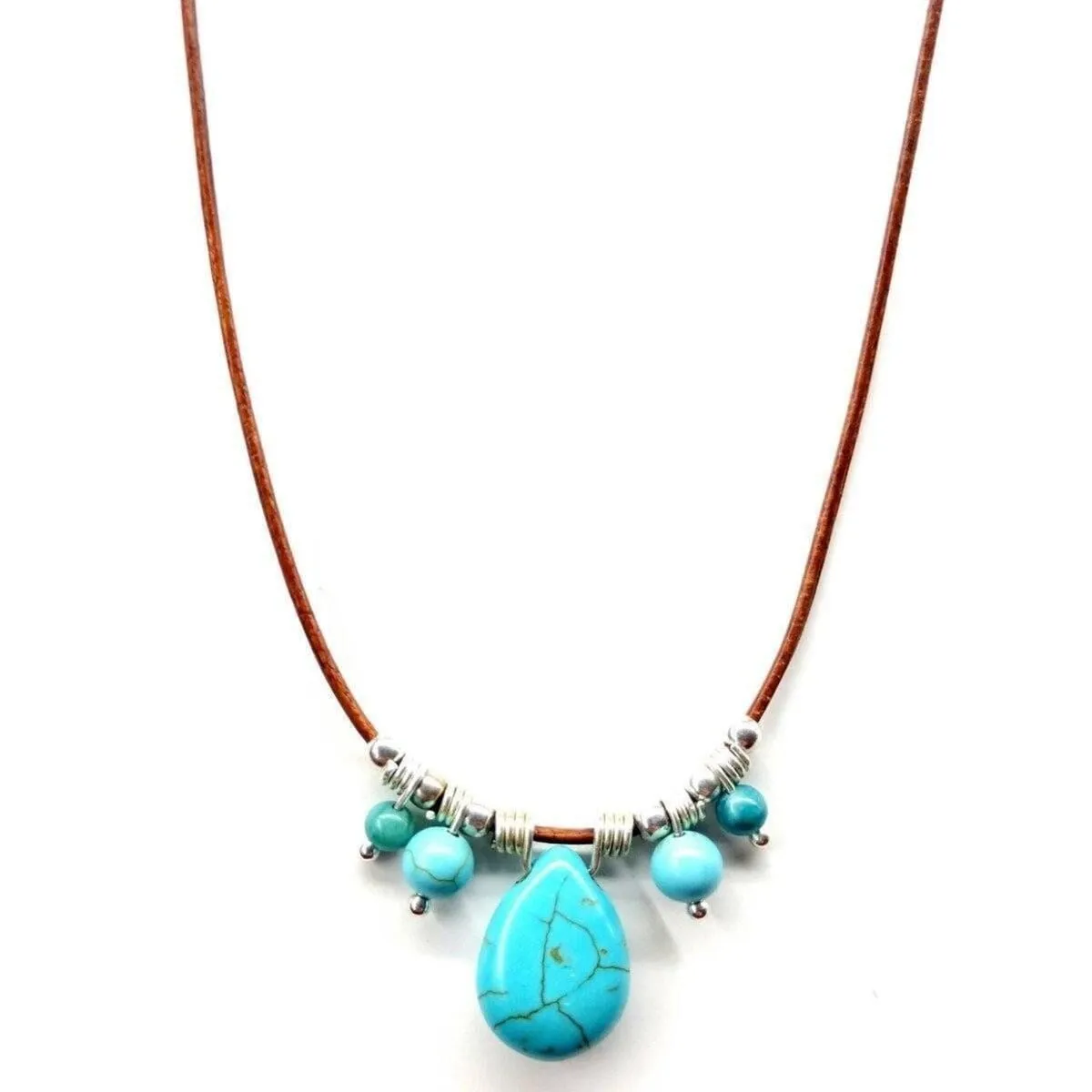 Silver Turquoise Drop Bead Charm Leather Necklace