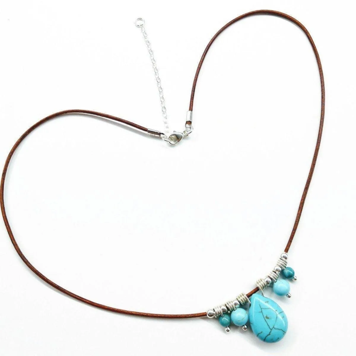 Silver Turquoise Drop Bead Charm Leather Necklace