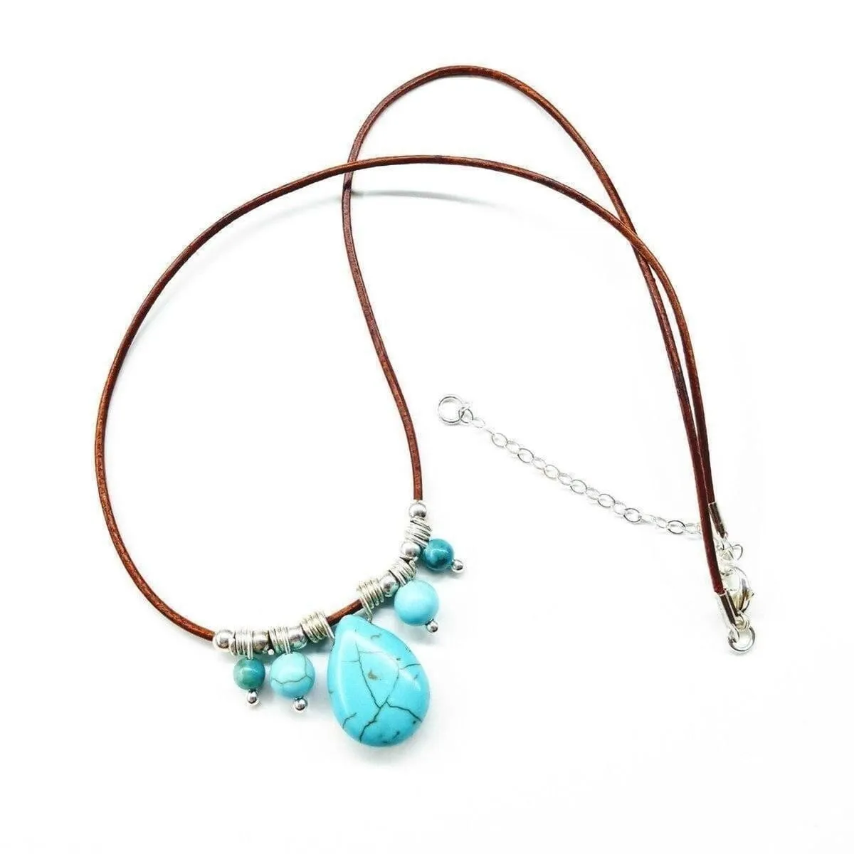 Silver Turquoise Drop Bead Charm Leather Necklace