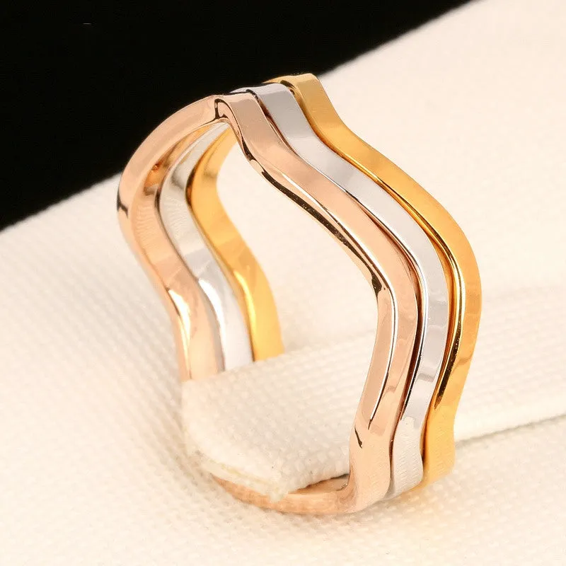 Simple Style 3 Color Rounds Wave Rings Rose Gold Plated Fashion Brand Rock Jewellery/Jewelry For Women