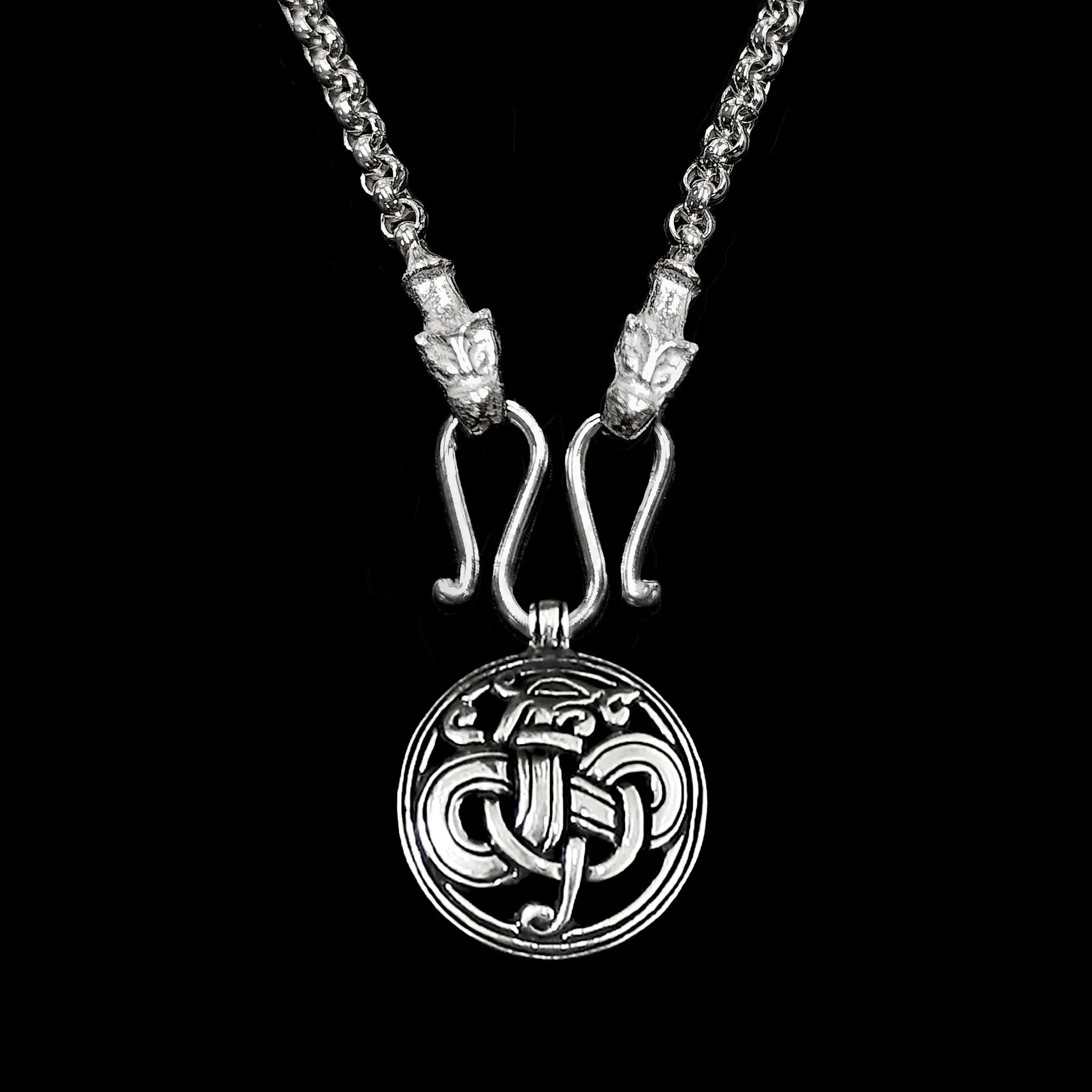 Slim Silver Anchor Chain Pendant Necklace with Icelandic Wolf Heads