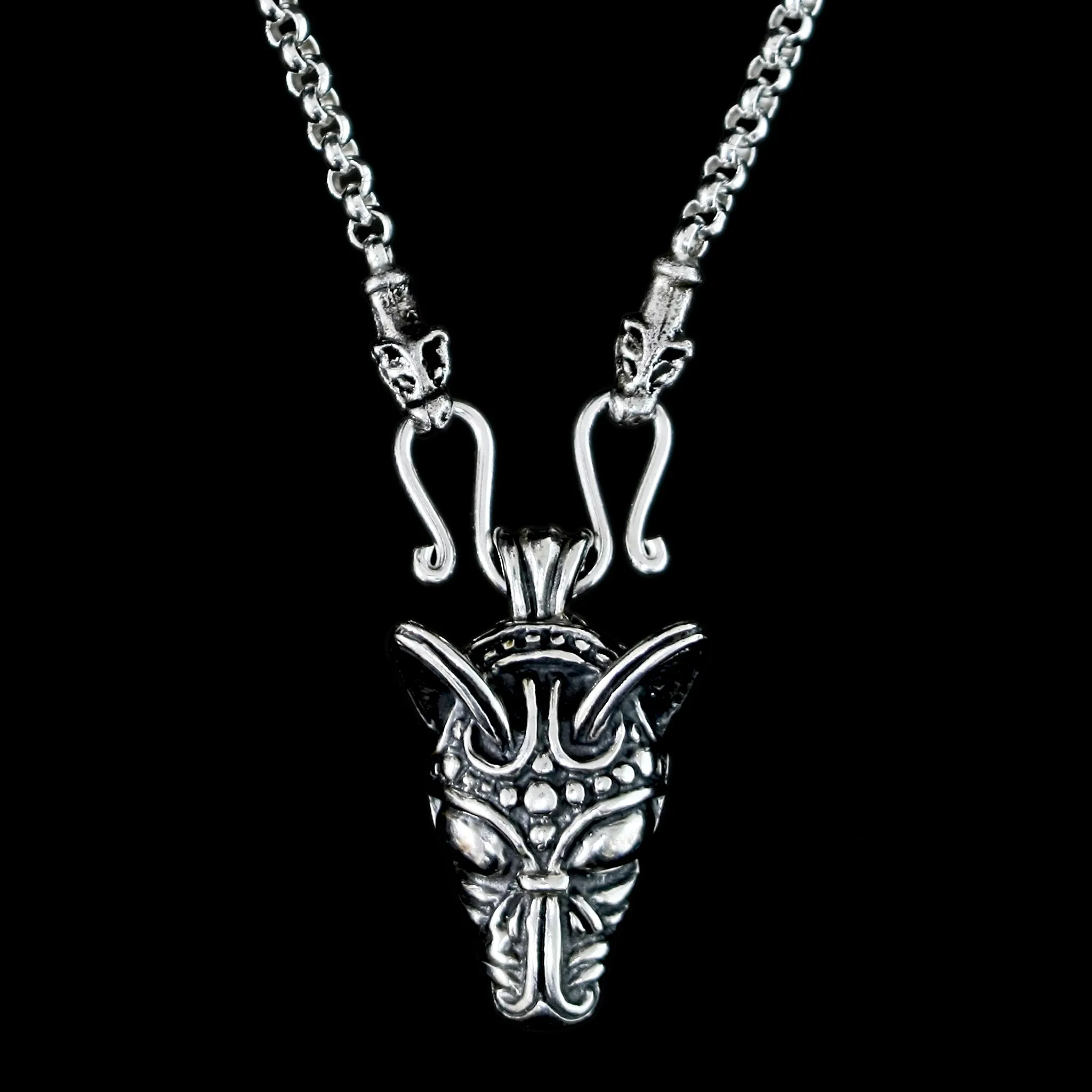 Slim Silver Anchor Chain Pendant Necklace with Icelandic Wolf Heads