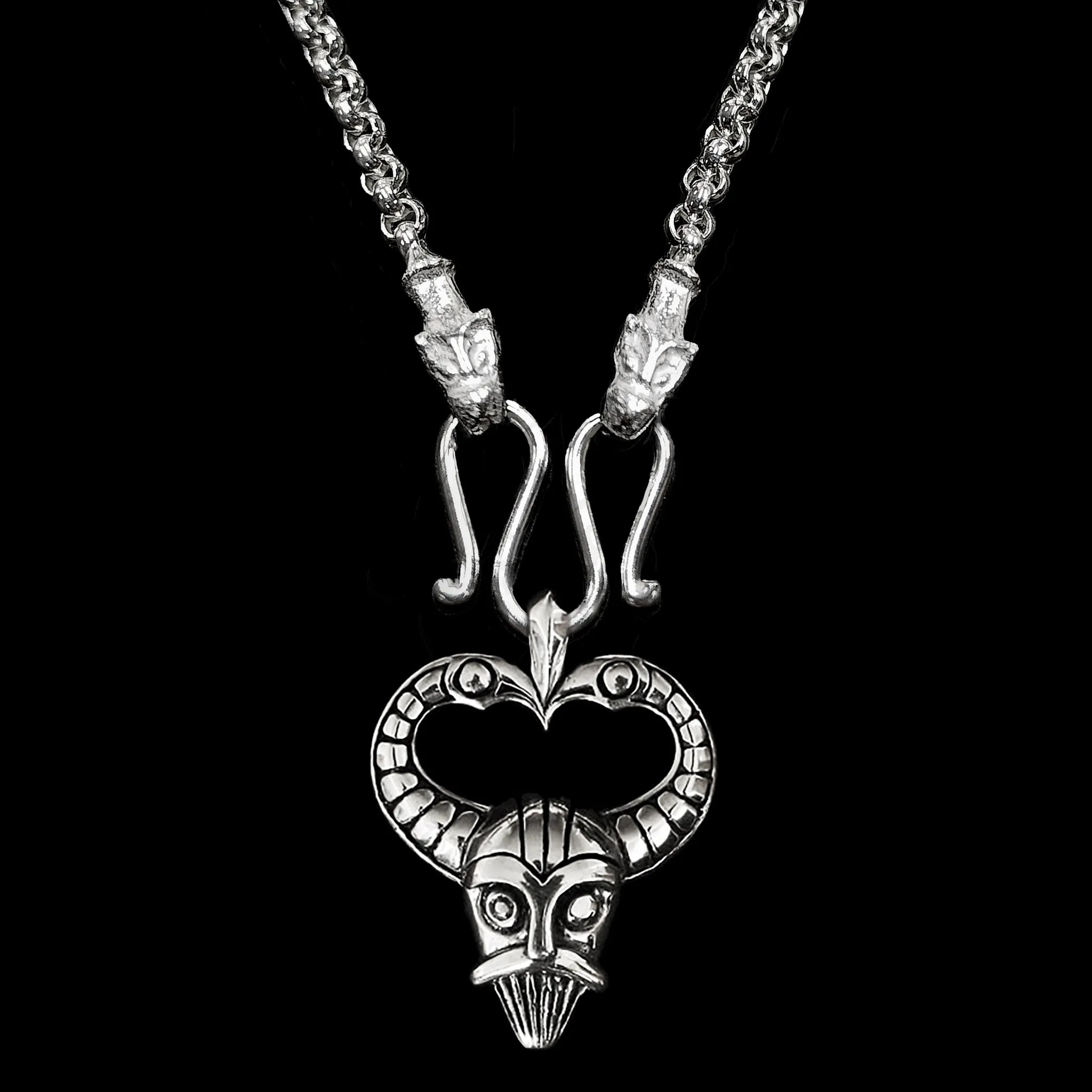 Slim Silver Anchor Chain Pendant Necklace with Icelandic Wolf Heads