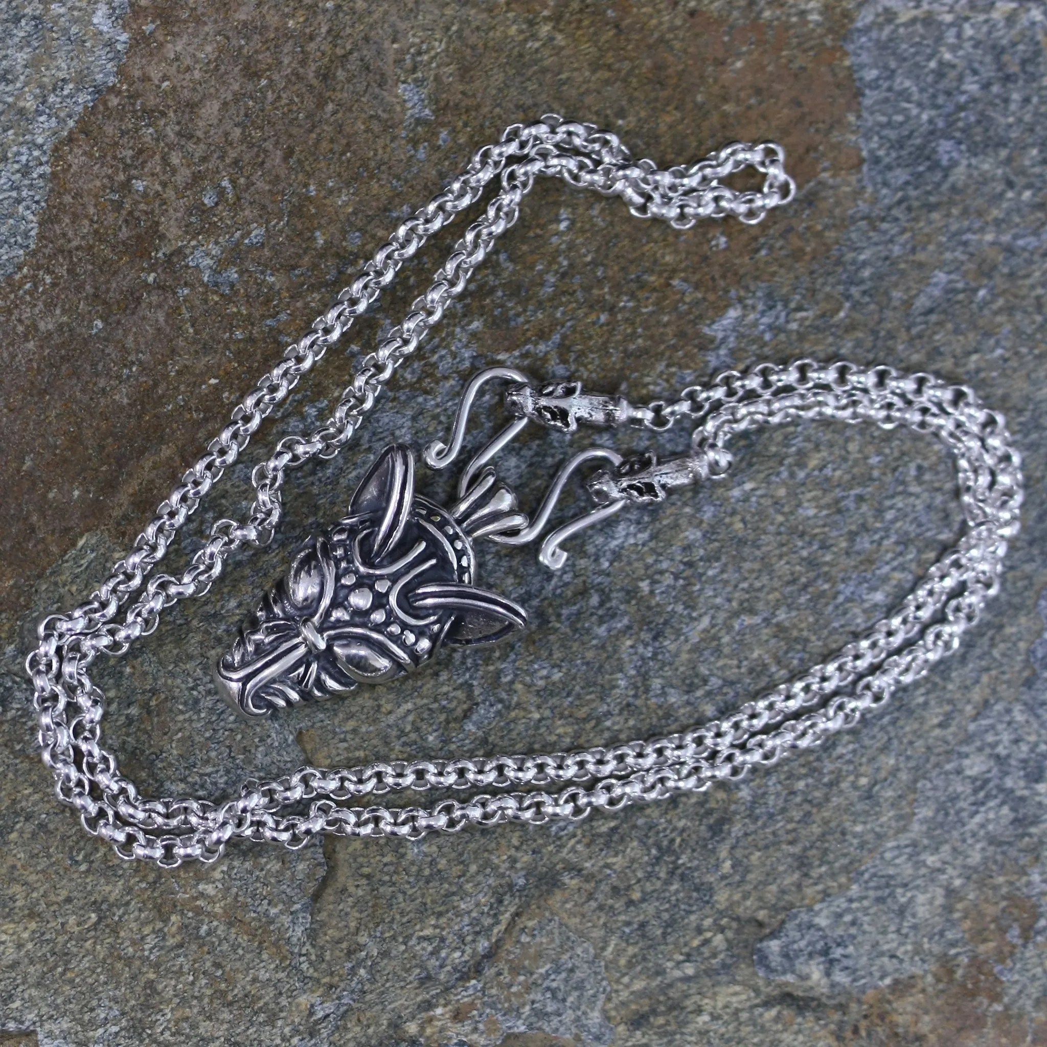 Slim Silver Anchor Chain Pendant Necklace with Icelandic Wolf Heads