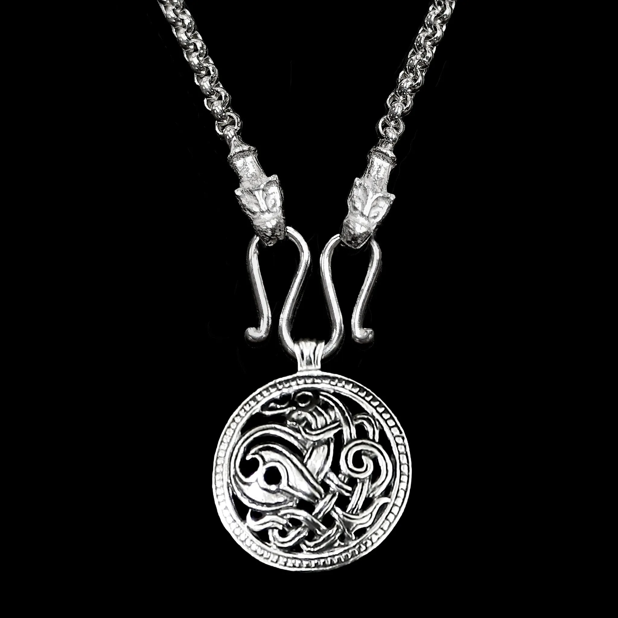 Slim Silver Anchor Chain Pendant Necklace with Icelandic Wolf Heads