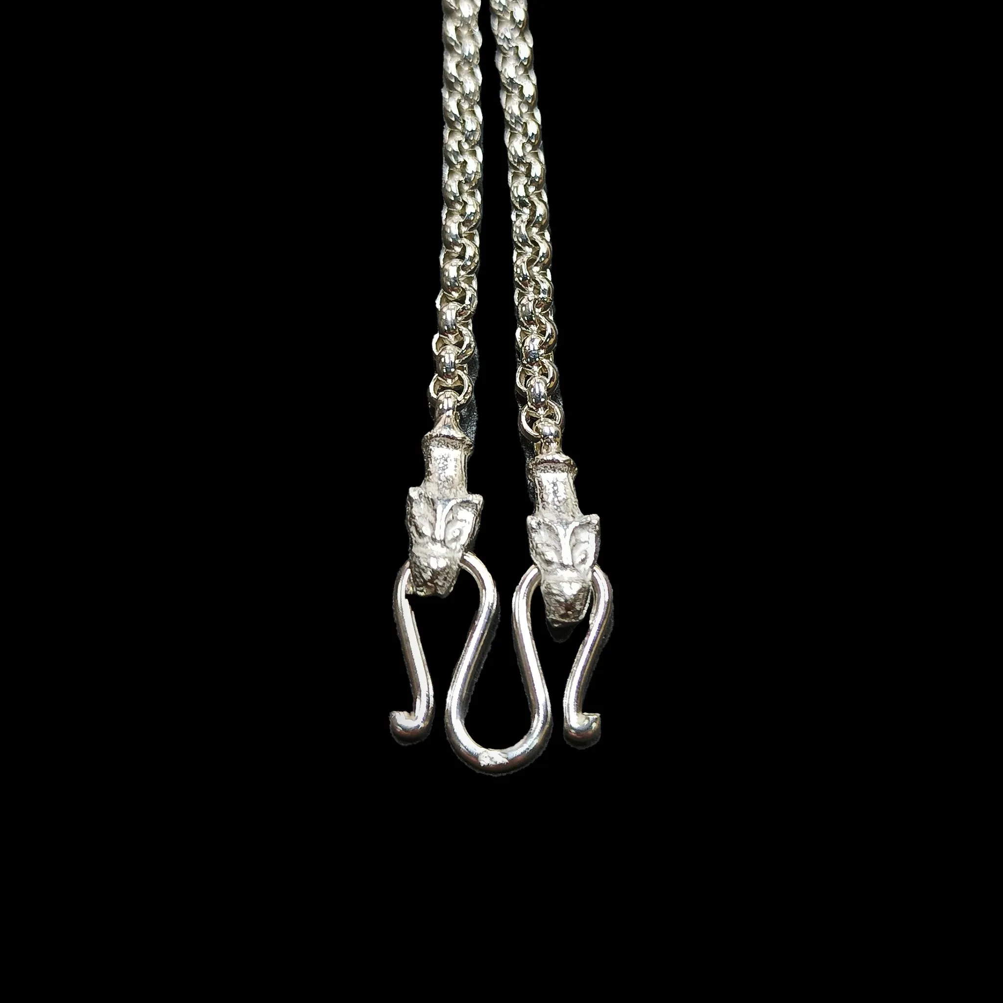 Slim Silver Anchor Chain Pendant Necklace with Icelandic Wolf Heads