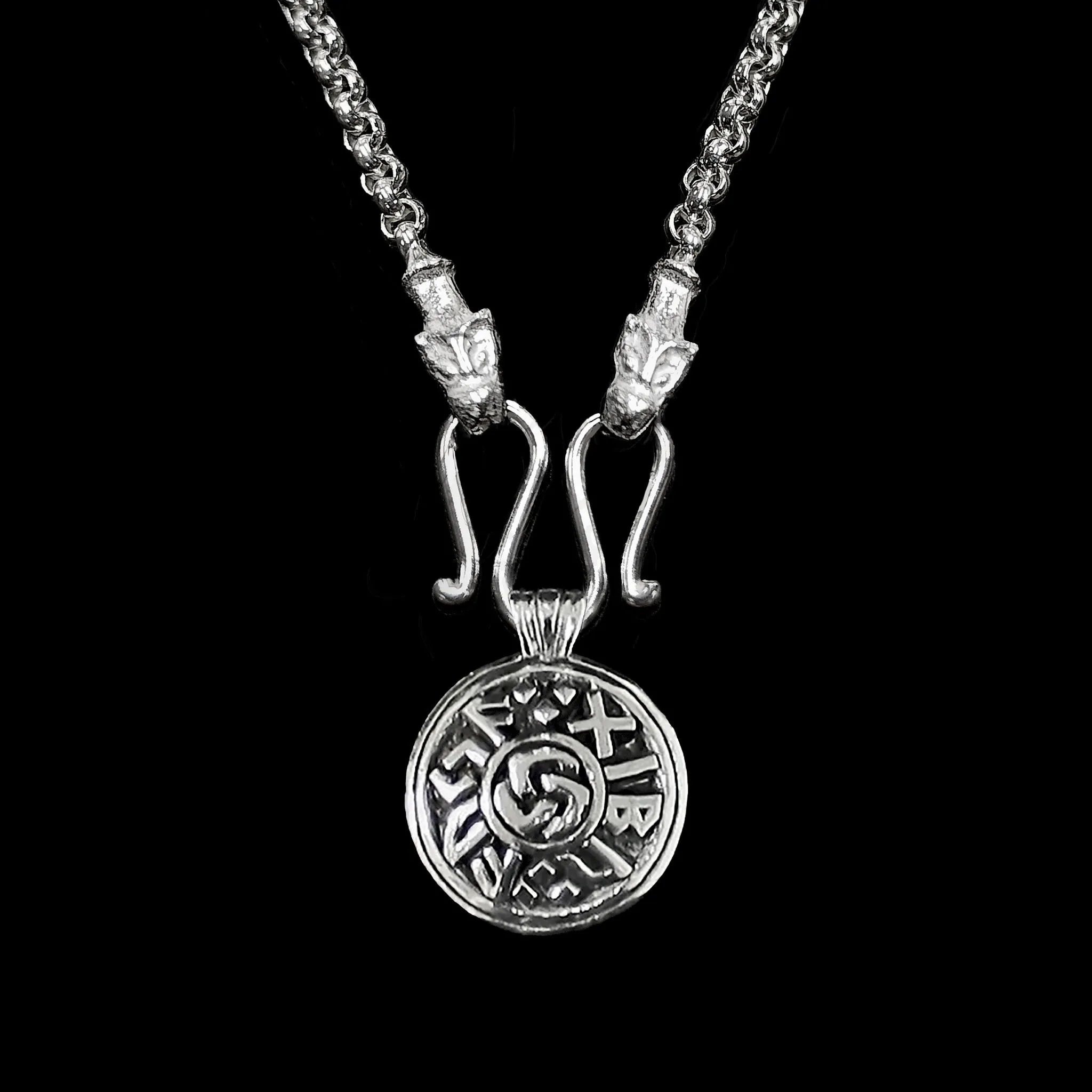 Slim Silver Anchor Chain Pendant Necklace with Icelandic Wolf Heads