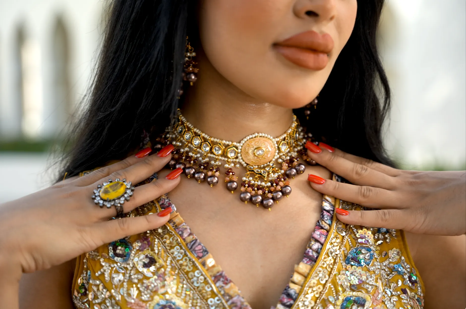 Sonali Brown and Peach Meenakari Enamel and Kundan Choker Necklace and Earrings Set