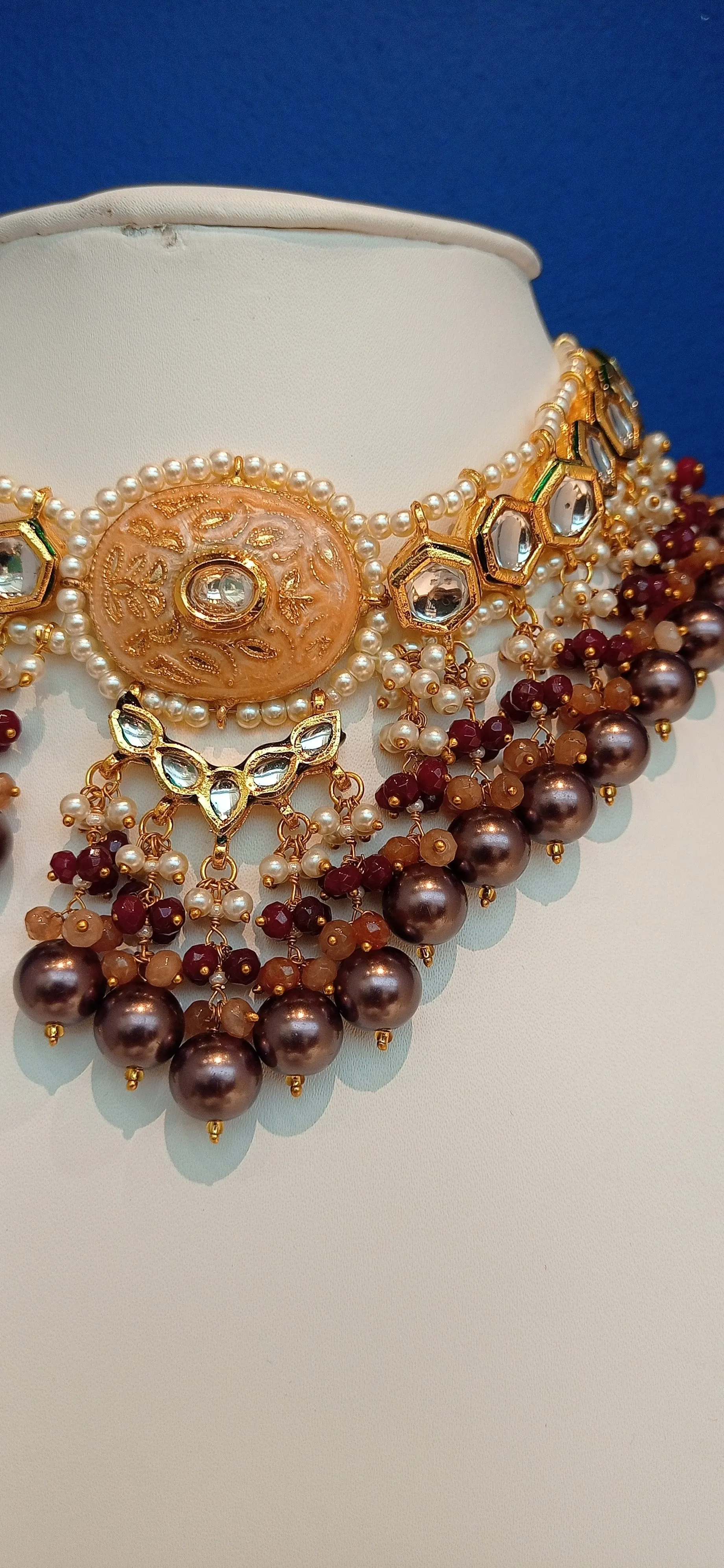 Sonali Brown and Peach Meenakari Enamel and Kundan Choker Necklace and Earrings Set