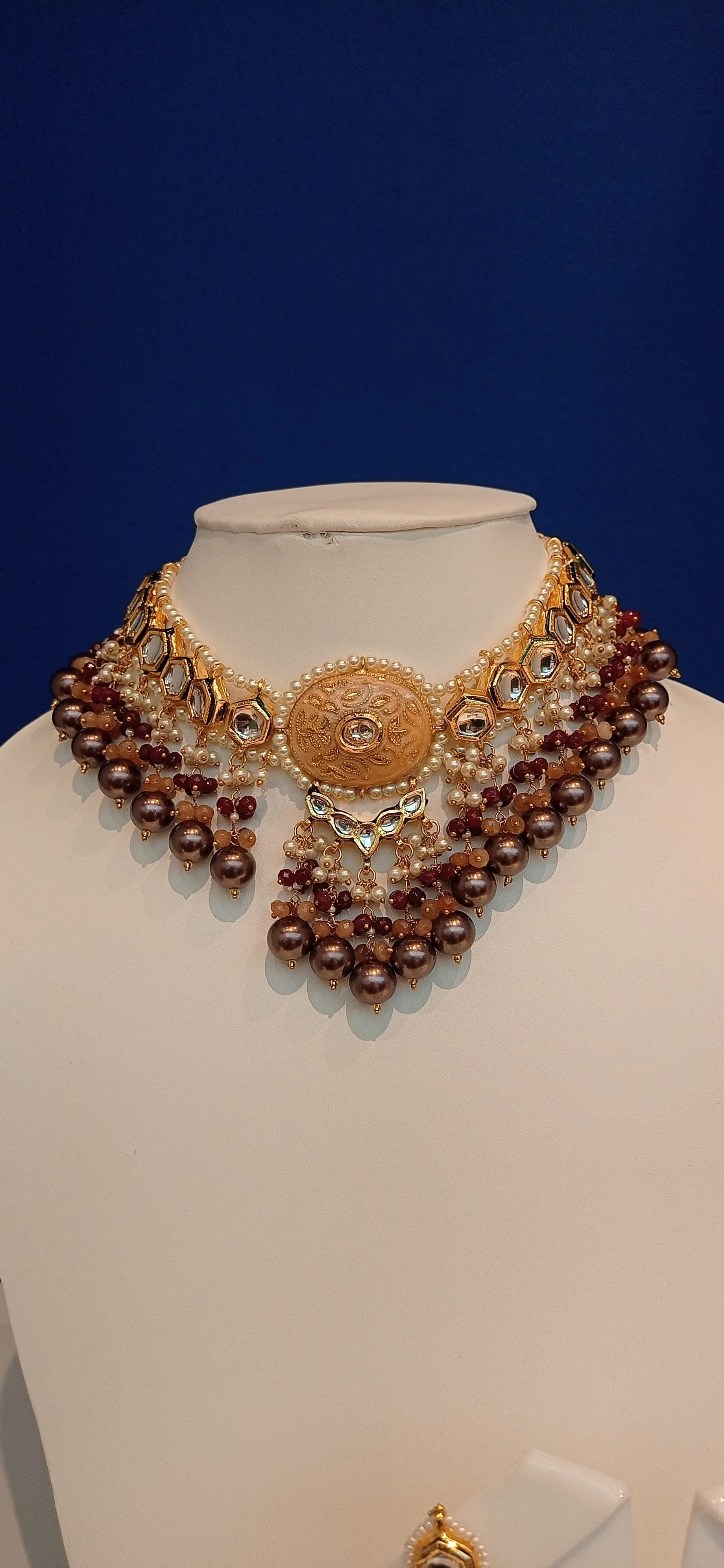 Sonali Brown and Peach Meenakari Enamel and Kundan Choker Necklace and Earrings Set