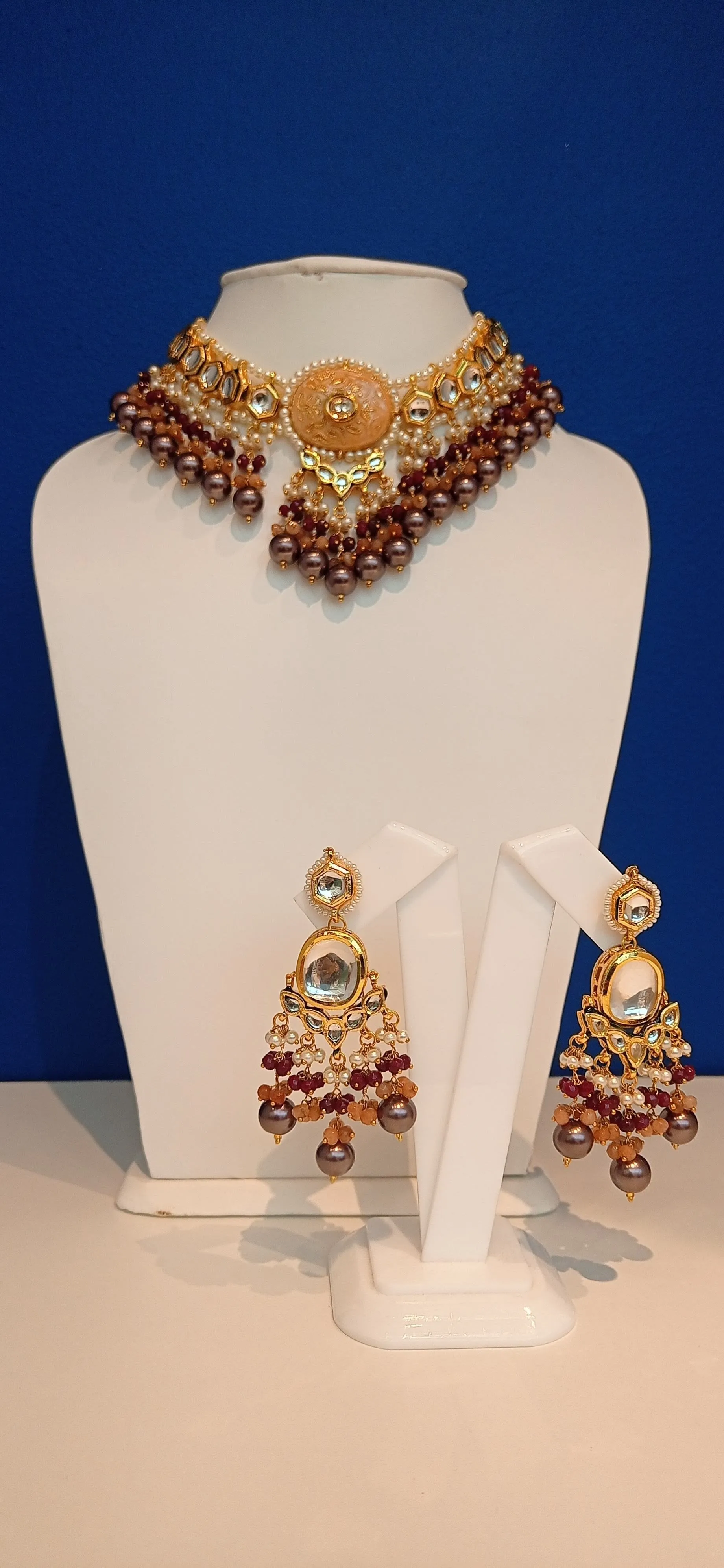 Sonali Brown and Peach Meenakari Enamel and Kundan Choker Necklace and Earrings Set