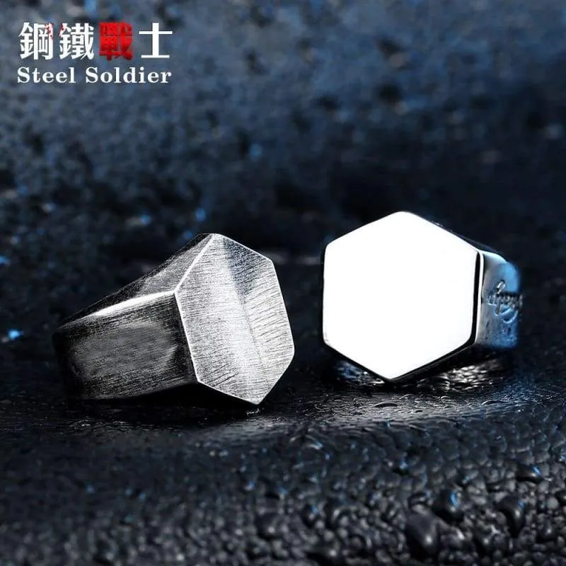 steel soldier high polish hexagon fashion ring stainless steel angle unqiue biker jewelry for men and women