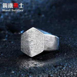 steel soldier high polish hexagon fashion ring stainless steel angle unqiue biker jewelry for men and women