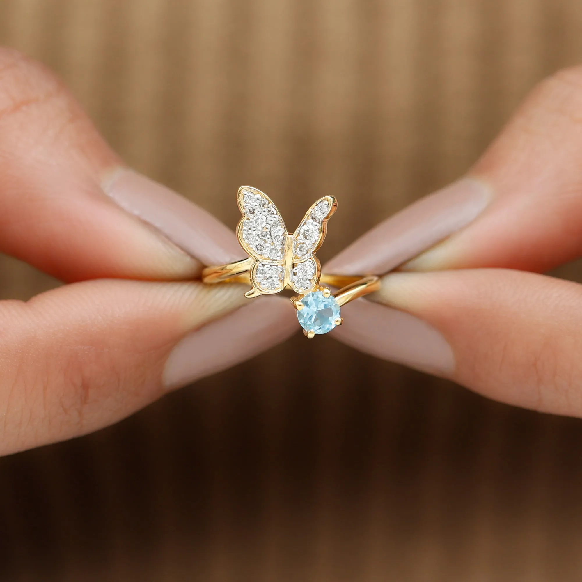 Swiss Blue Topaz and Diamond Butterfly Ring