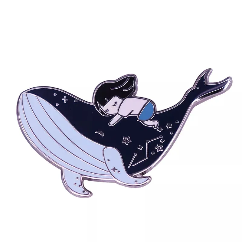 Tells a Story of Whale and Girl Brooch Pins Enamel Metal Badges Lapel Pin Brooches Jackets Jeans Fashion Jewelry Accessories