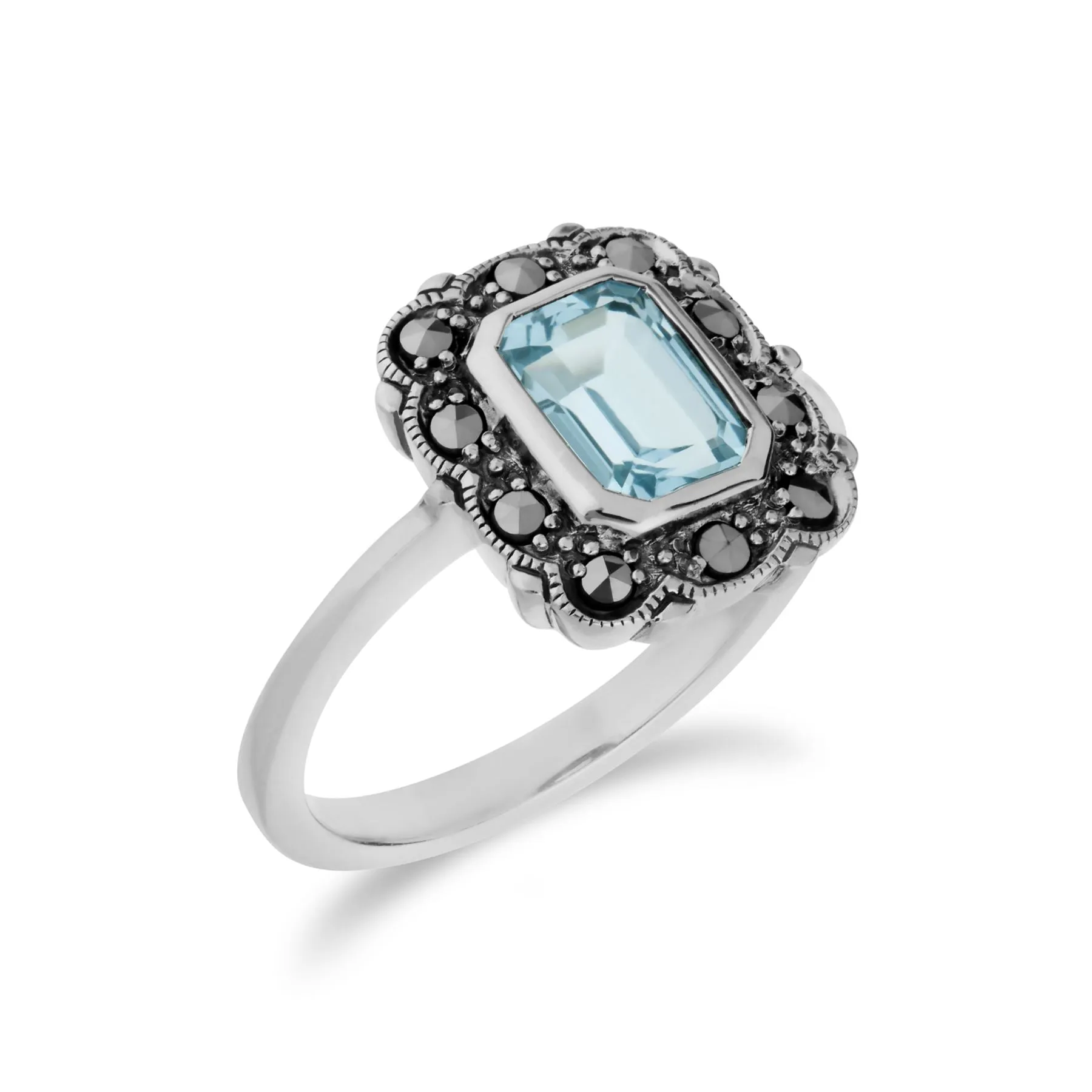 Topas Ring, Sterling Silber Blauer Topas & Markasit Oktagon Jugendstil Ring - Topas