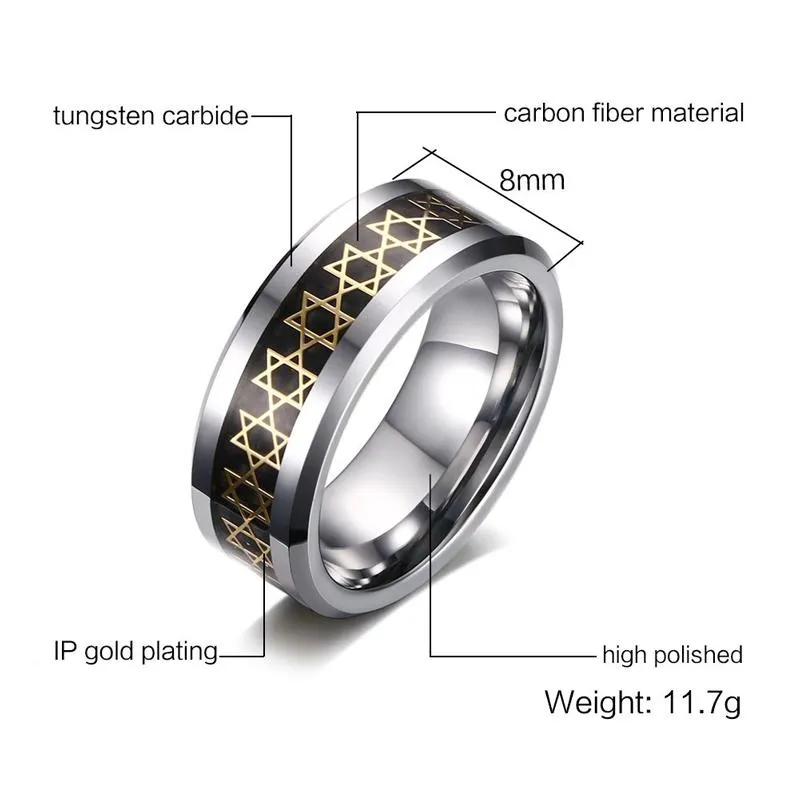 Tungsten Magen Star of David Ring 8 mm