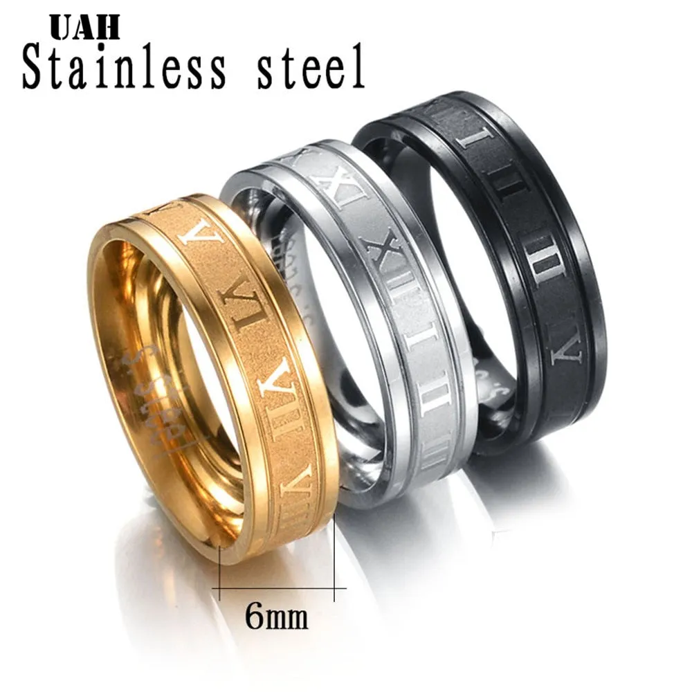 UAH 6 mm 316L Stainless Steel Wedding Band Ring Roman Numerals Gold Black Cool Punk Rings for Men Women Fashion Jewelry