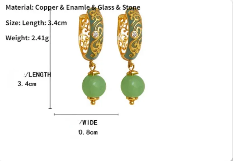 VAIGE Elegant Green Stone Engraved Dangle Earrings with Vintage Charm