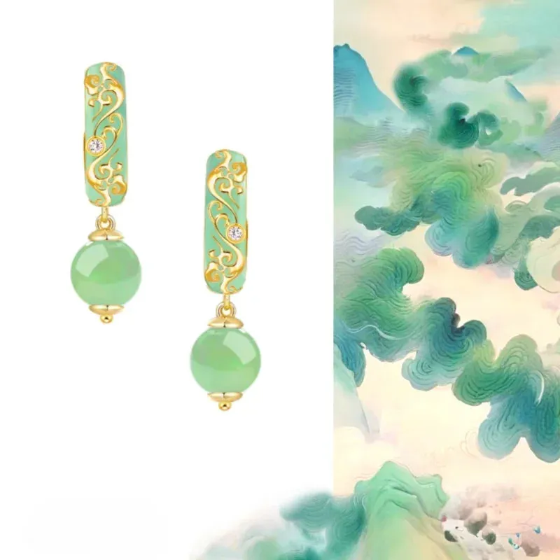 VAIGE Elegant Green Stone Engraved Dangle Earrings with Vintage Charm