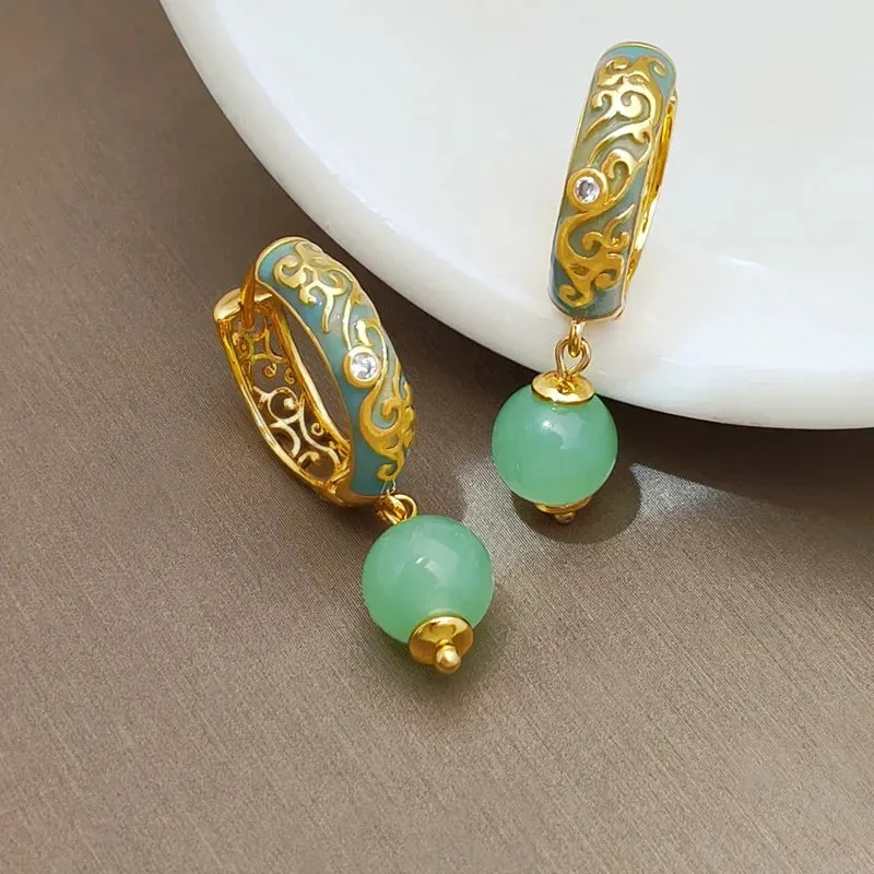 VAIGE Elegant Green Stone Engraved Dangle Earrings with Vintage Charm