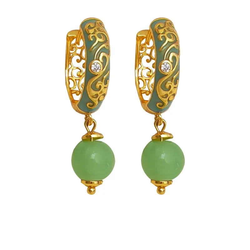 VAIGE Elegant Green Stone Engraved Dangle Earrings with Vintage Charm