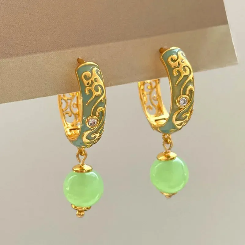 VAIGE Elegant Green Stone Engraved Dangle Earrings with Vintage Charm