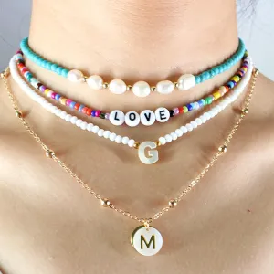 VenusFox Shell Letter Beads Necklace Women Natural Fresh Water Baroque Irregular Pearl Love Layered Gold Chain Vintage Choker Jewelry