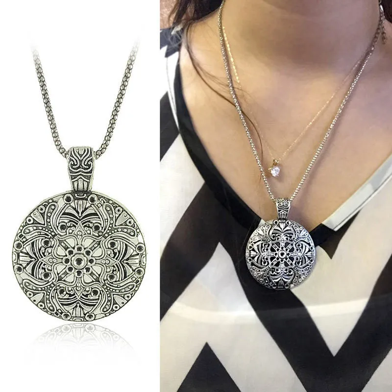 Vintage Bohemian Flower Pendant costume Tibetan Silver vintage Necklace Jewelry