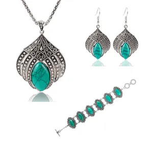 Vintage Silver Plated Geometric Jewelry Sets Water Drop Turquoise Earrings Necklace Bracelet Fashion For Women Accessories