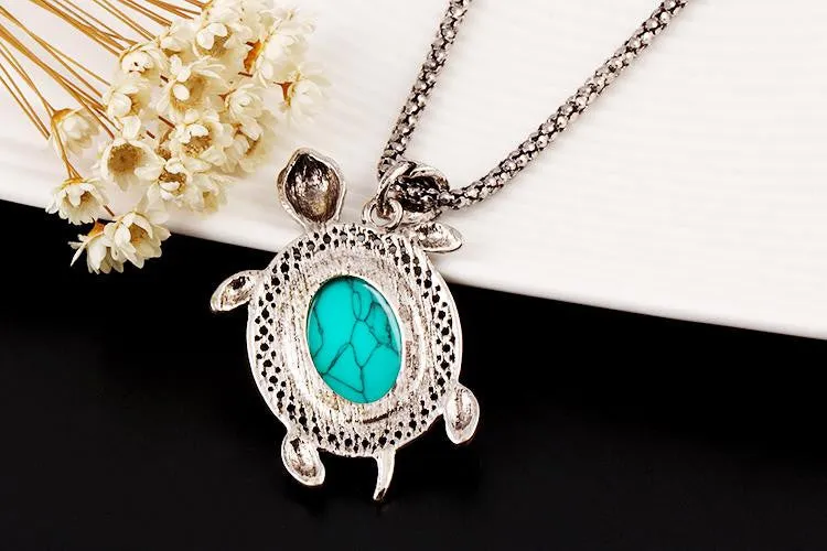 Vintage Silver Tone Animal Tortoise Jewelry Sets Turquoise Earrings Necklace Bracelet Fashion Women Little Turtle Accessories