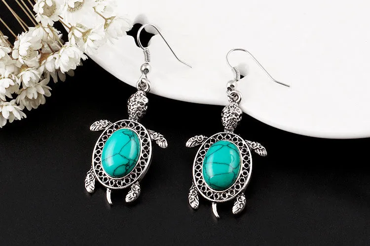 Vintage Silver Tone Animal Tortoise Jewelry Sets Turquoise Earrings Necklace Bracelet Fashion Women Little Turtle Accessories