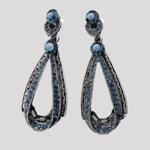 Vintage Style Drop Earrings with Blue Crystals set in Antique Silver Look Studs