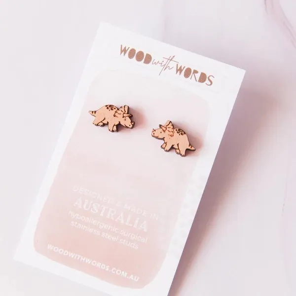 Wood With Words: Wooden Stud Earrings Triceratops